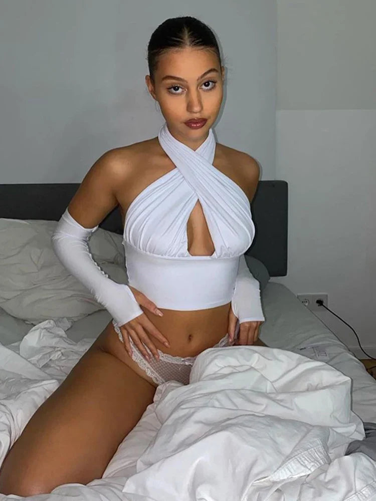 Women Strappy Cross Over Front Cut Out Halter Neck Sleeveless Backless Crop Top Bandage Vest Summer Sexy Tops Woman Clothes S-XL WHITE