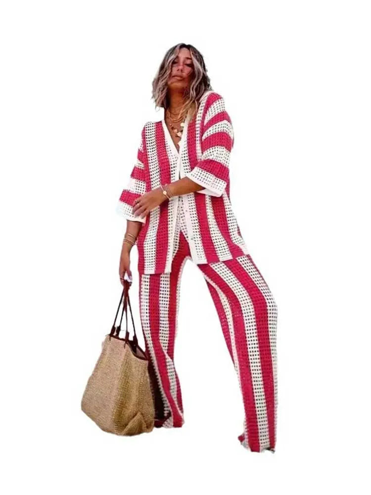 Summer Outfits for Women Vacation Hollow Out Sweater Shirt and Trouser Lady Casual Sexy Plus Size Sets 2 Piece Pants Sets Wide Fuchsia