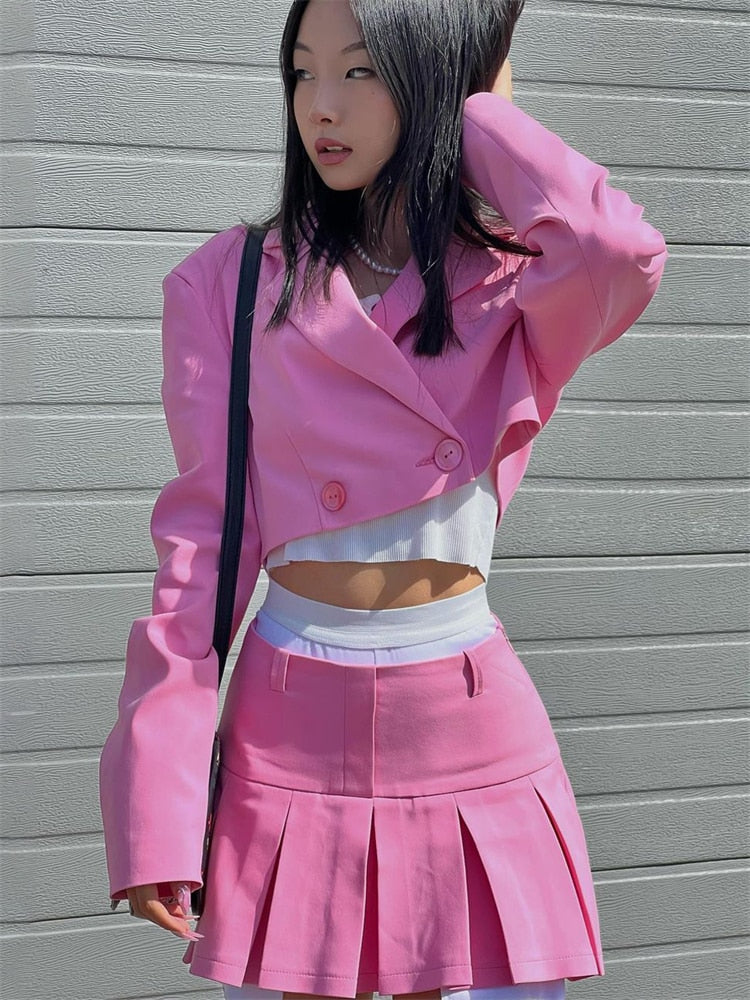 Taruxy Casual Two Piece Sets Women's Fall Outfits 2022 New Black Matching Sets With Skirt And Blazer Cropped Top Suit For Women