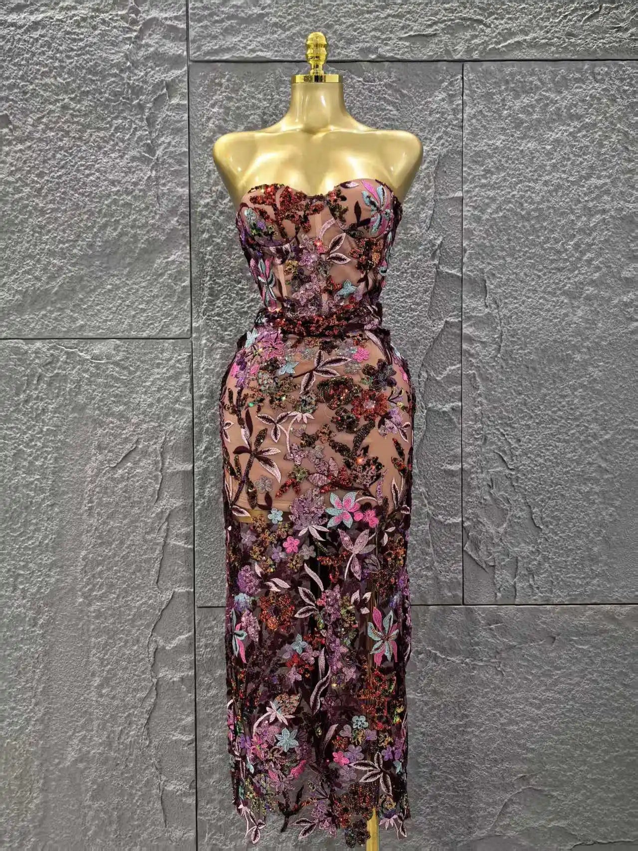 Top Quality Women Sexy Strapless Embroidery Florals Bodycon Long Dress Elegant Evening Party Cocktail Fashion Girls' Outfit