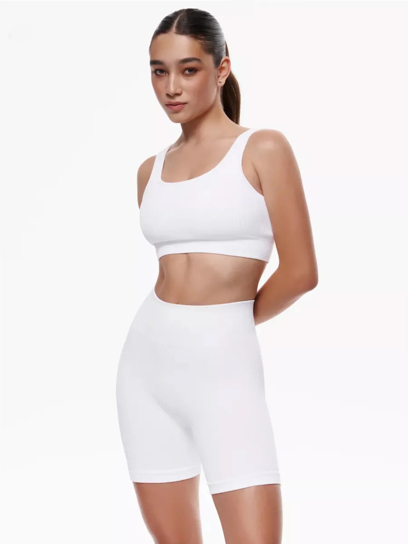 Summer White Gym Clothing Ribbed Sports Shorts Set Fitness Suit Sportswear Women Yoga Set Seamless High Waist Shorts Outfit wear white