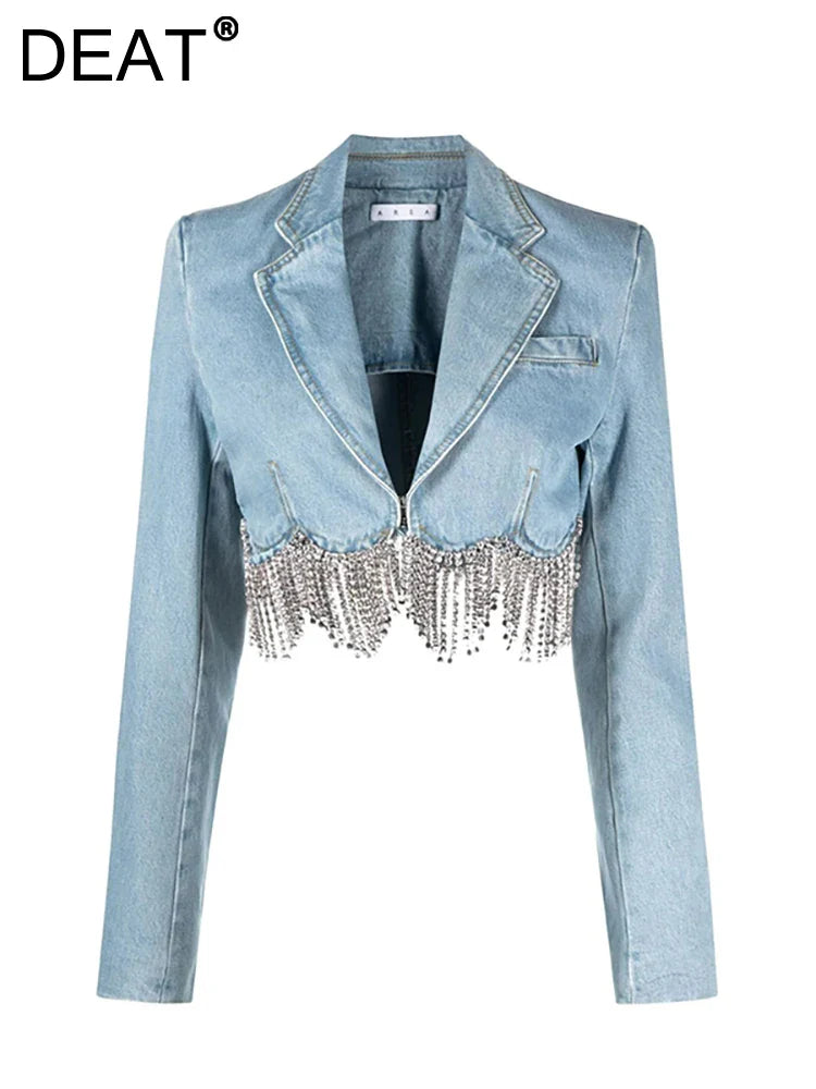 DEAT Women Notched Collar Diamond Tassel Short Denim Coat High Waist Butterfly Hollow Out Jeans Summer New Fashion 29L2717