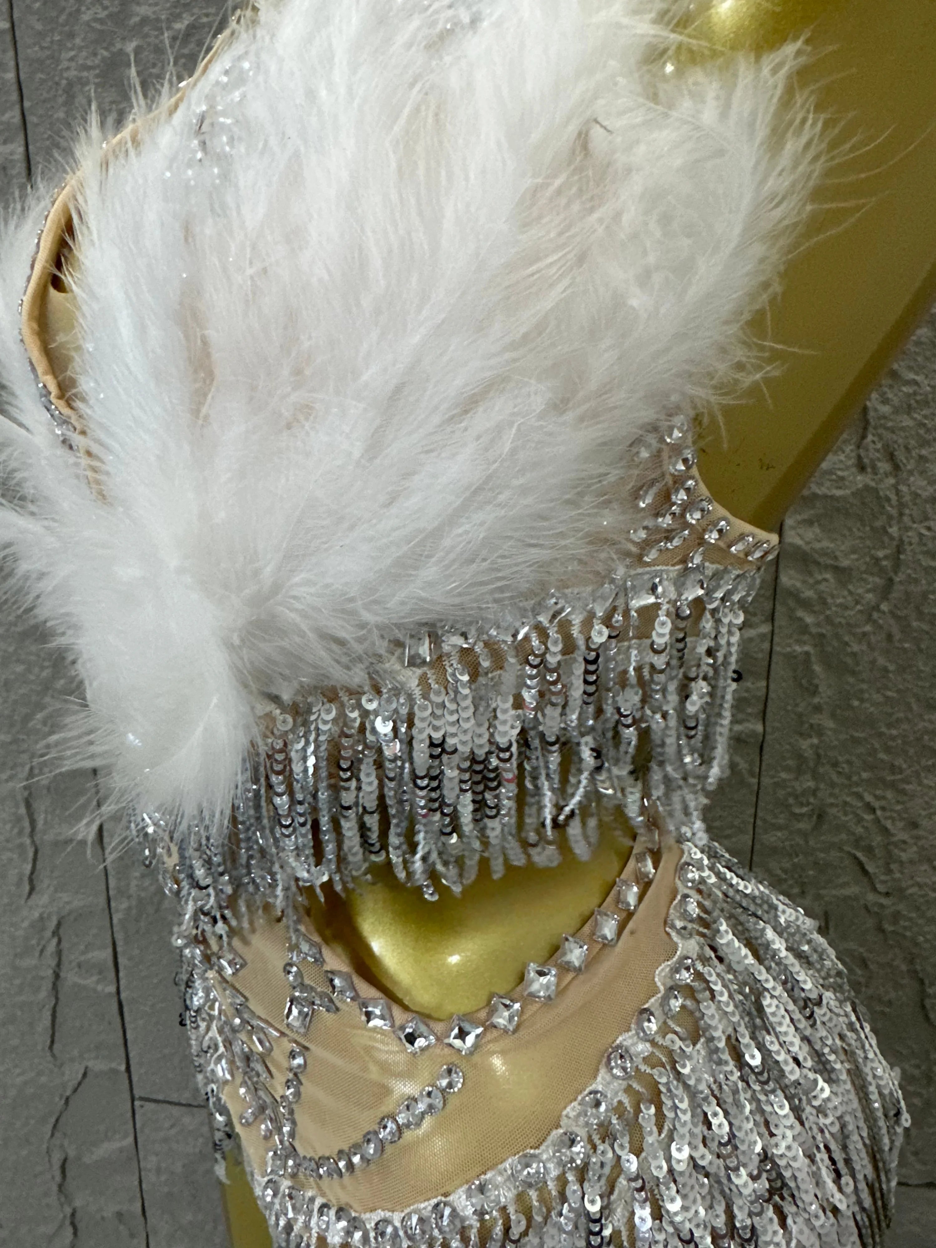 Luxurious Sheer Mesh Bodysuit Women Sexy Crystal Embellished Feather Fringe Trim Spaghetti Strap Outfit Stage Performance Outfit