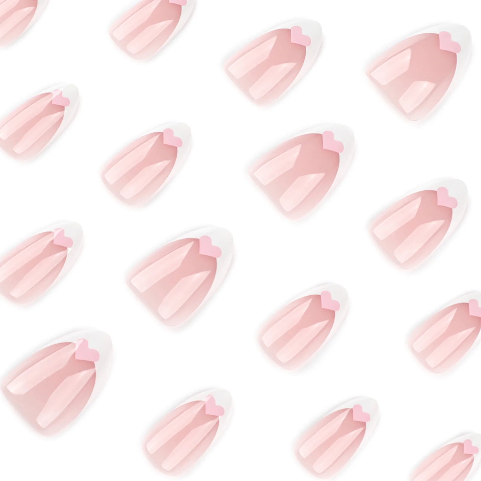 Short Almond Fake Nails 24Pcs White French Press On Nails Pink Love Heart Printed Women Girls Valentine's Day Charm Manicure