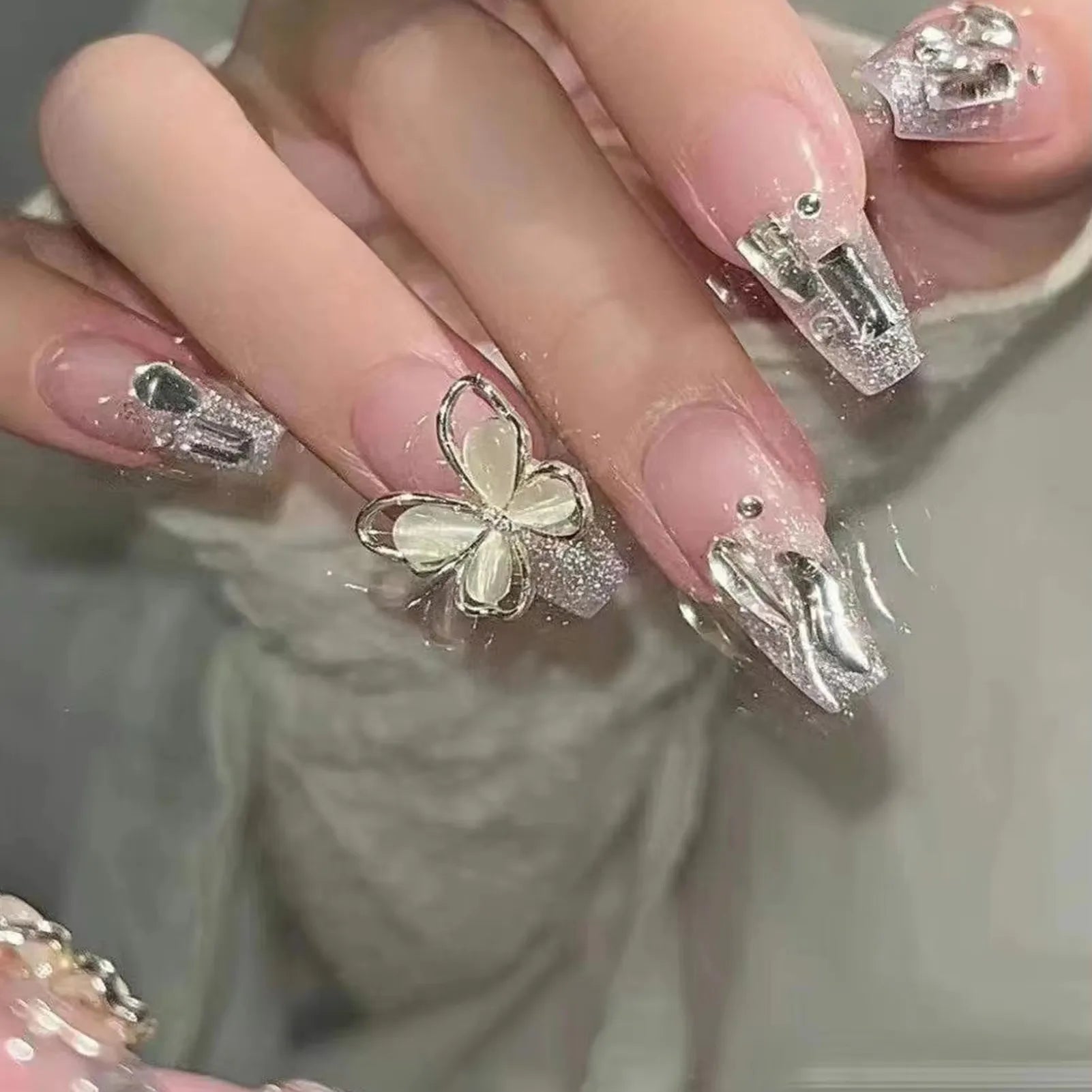 24Pcs Red Fake Nails with 3D White Flower Design Mid Length Coffin Press on Nails Wearable Korean Sweet Flower False Nails 8