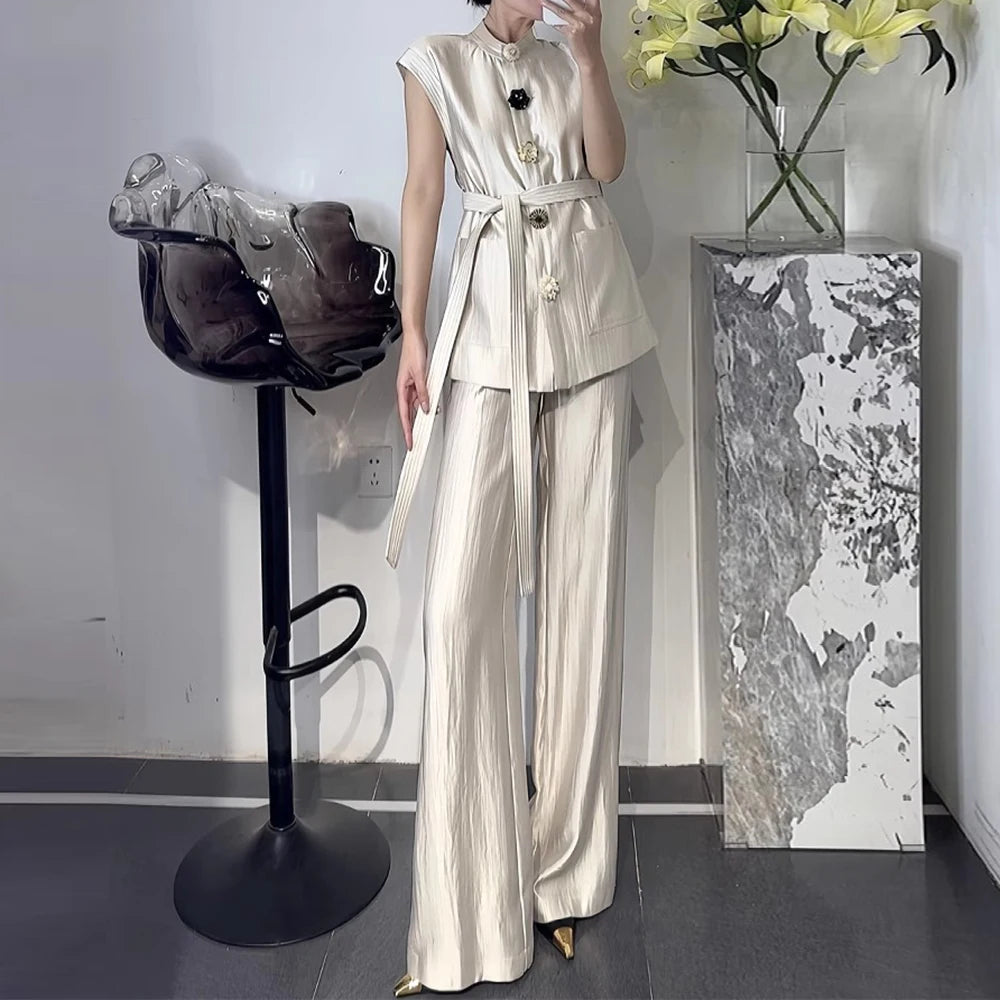 Fashion Two Piece Sets for Women Round Neck Sleeveless Spliced Irregular Button Top High Waist Pant Set Female New WHITE