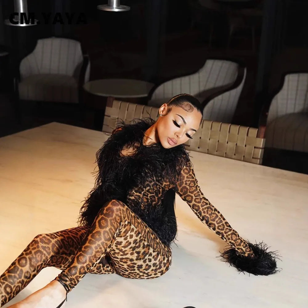 Fashion Mesh See Though Women's Set Feather Side Long Sleeve Crop Top and Legging Pants 2025 Sexy Two 2Piece Sets Outfit