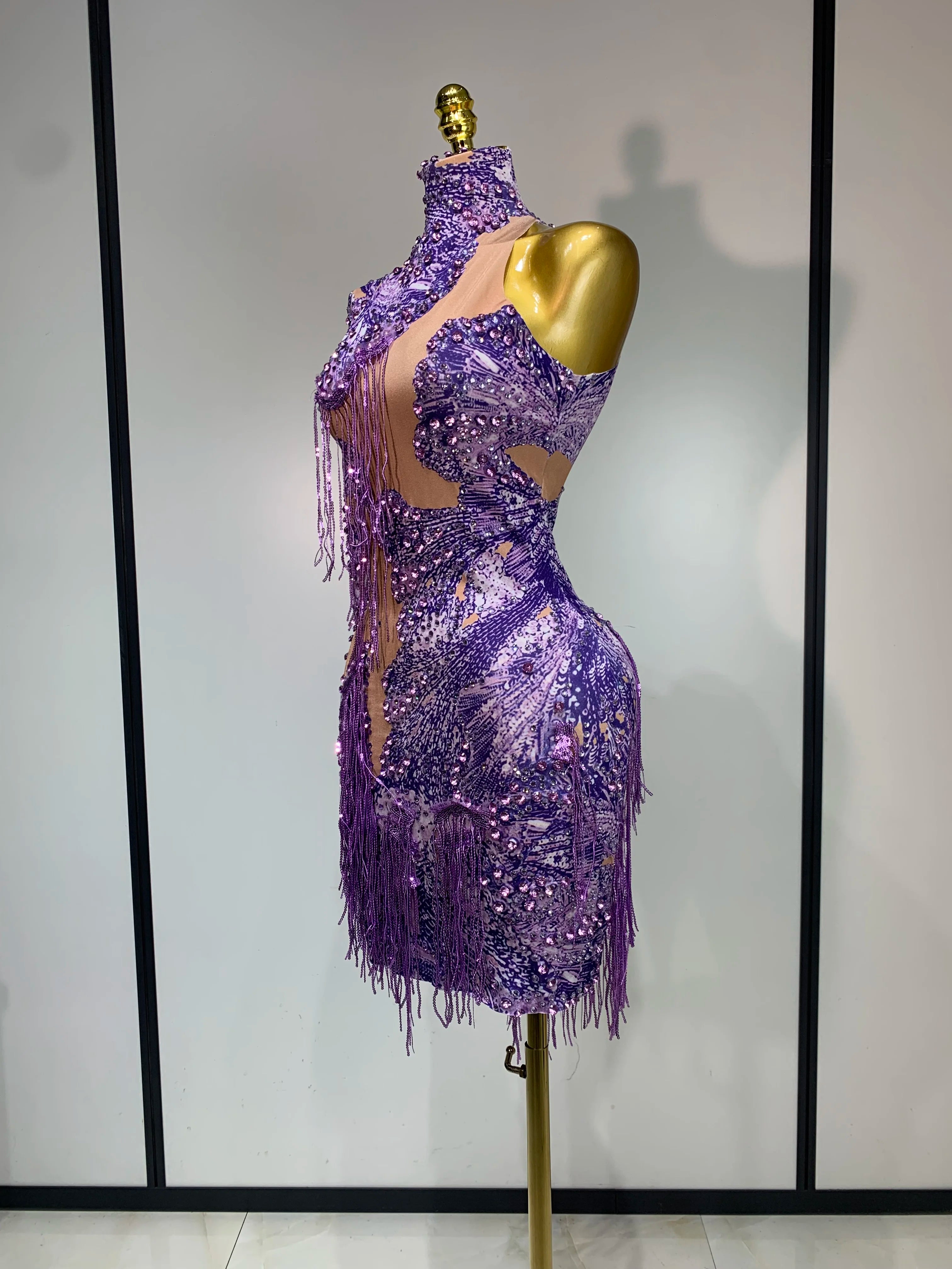 Sexy Sparkly Purple Rhinestones Tassel One Shoulder Sleeve Mini Dress Evening Party Birthday Nightclub Stage Performance Outfit