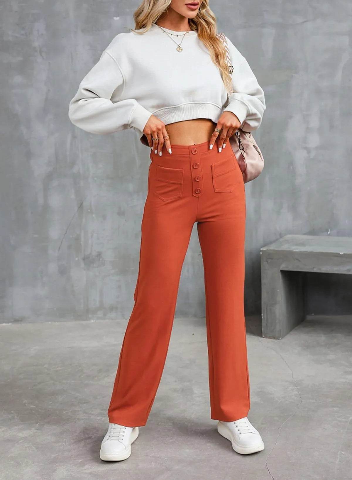 Women's High-waisted Elastic Casual Trousers Fashionable Casual Straight-leg Pants Buttoned Elegant Casual Pants Orange
