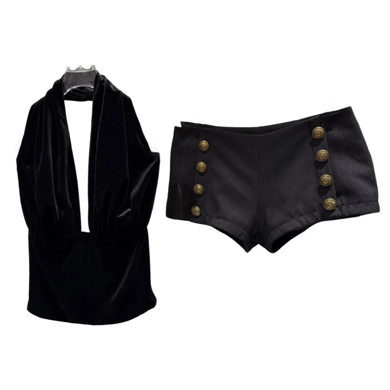 Winter New Fashion Backless Velvet Halter Backless Vest For Women Double-Breasted Short Pants Female Trend 11A07681