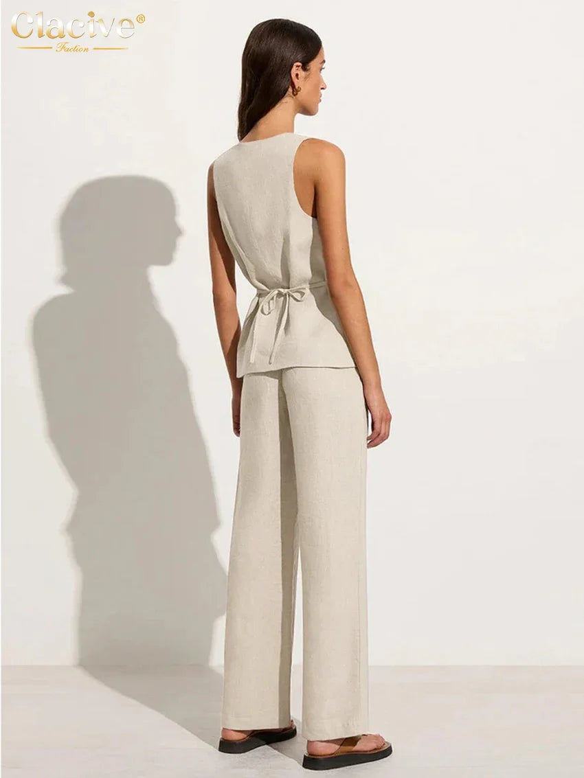 Clacive Summer Slim Khaki Linen 2 Piece Sets Women Outfit Fashion Sleeveless Tank Top With High Waist Pants Set Female