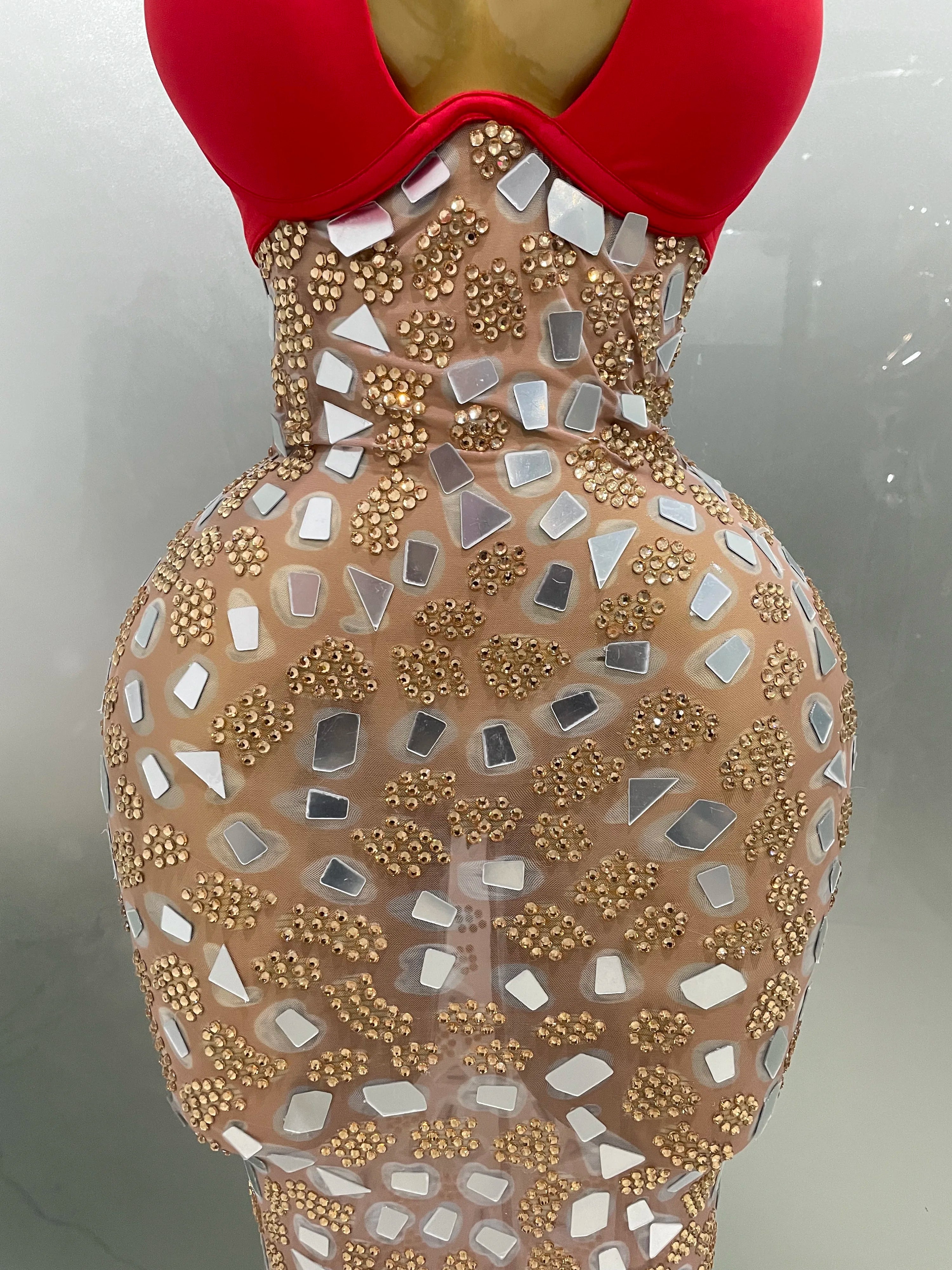 Sexy Sparkly Rhinestones Mesh Mirrors Red Roses Long Dress 2025 New Women Elegant Evening Party Club Stage performance Costume