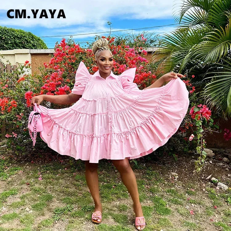 CM.YAYA Elegant Women Puff Short Sleeve Smock Dress 2022 Summer Chic Big Swing Loose Turn-down Neck Sundress Vestidos