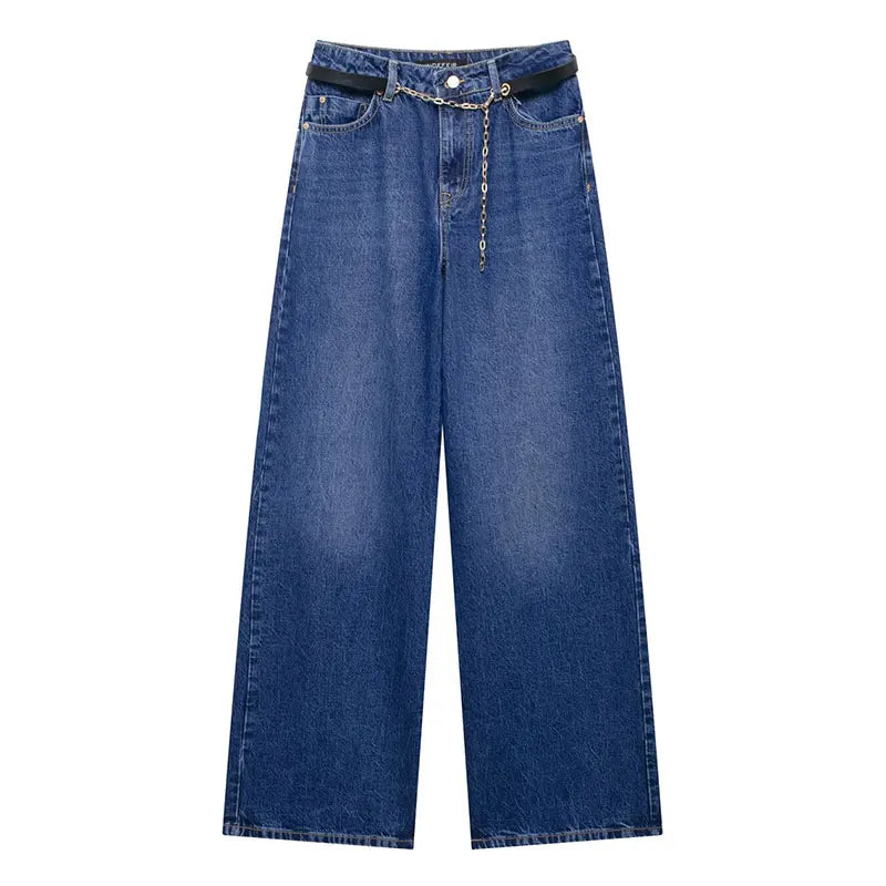 TRAFZA Summer Denim Trousers Set For Women Sleeveless Cropped Vest Top + Wild Basic Women's Wide Leg Long Pant Trendy denim pant