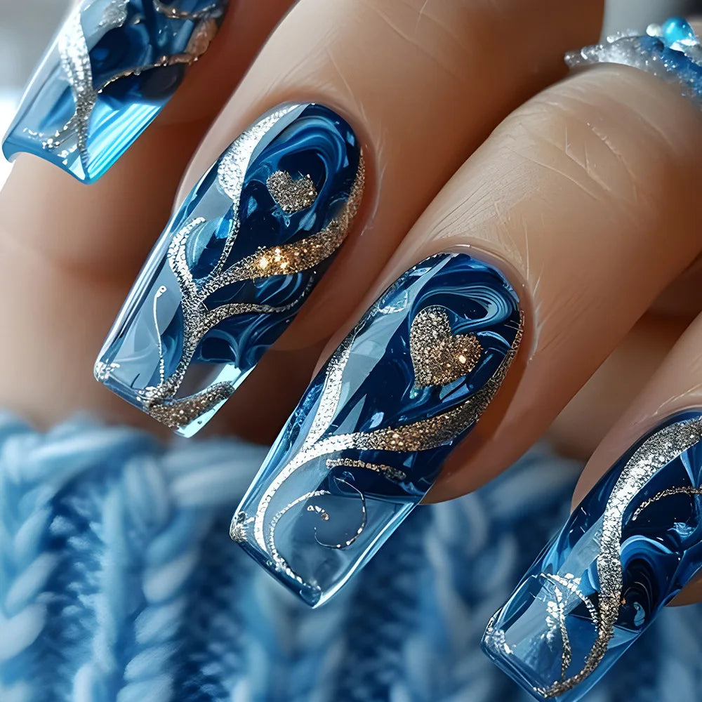 24pcs/set Medium long fake nails yellow dragon flowers feather design for Spring summer Square almond tips press on false nail 2217