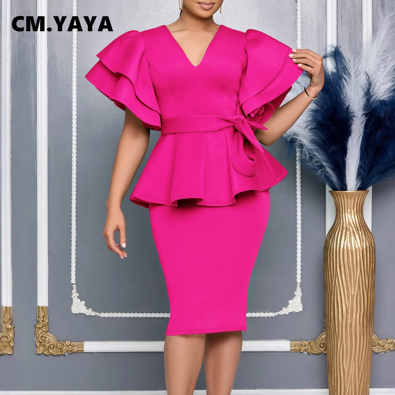 Women Short Sleeve V-neck Belt High Waist Midi Dress 2025 Summer Africa OL Work Evening Sexy Party Dresses Vestidos