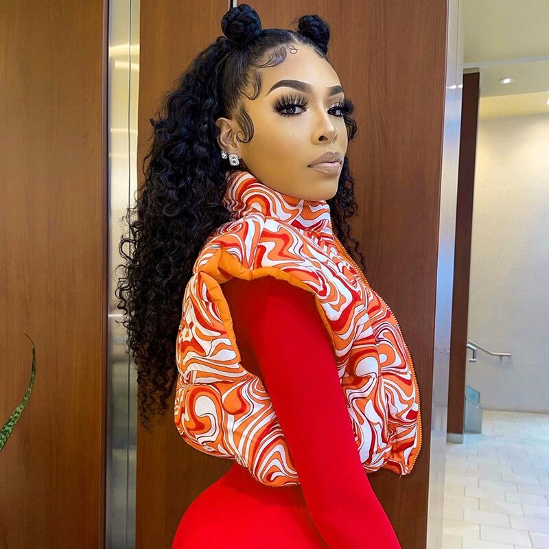 Sleeveless Clashing Graphic Slim Fitting Standing Collar Women'S Short Fitting Cotton Jacket