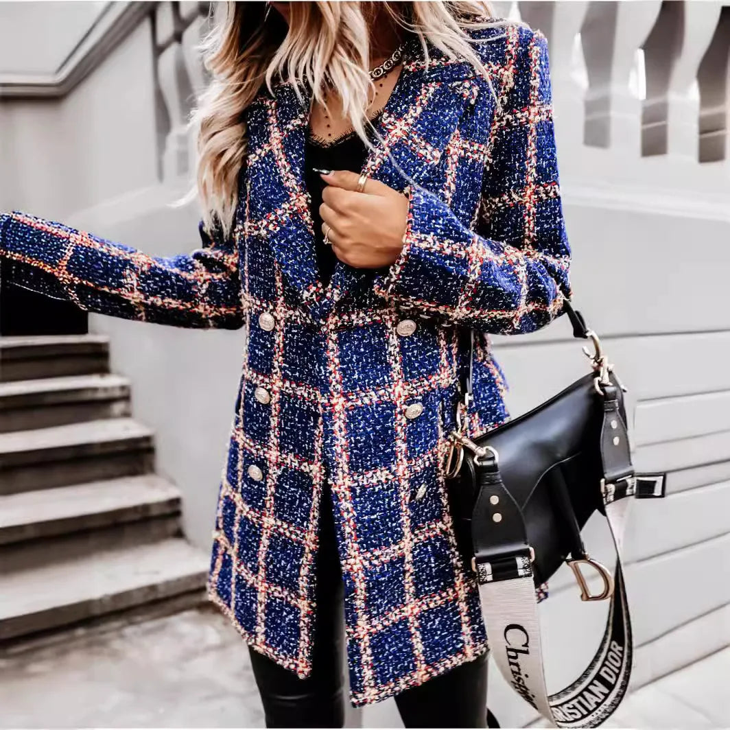 Autumn and Winter Long Sleeved Woolen Jacket Elegant Women's Plaid Patchwork Retro Blazers Long Windbreaker Coat blue