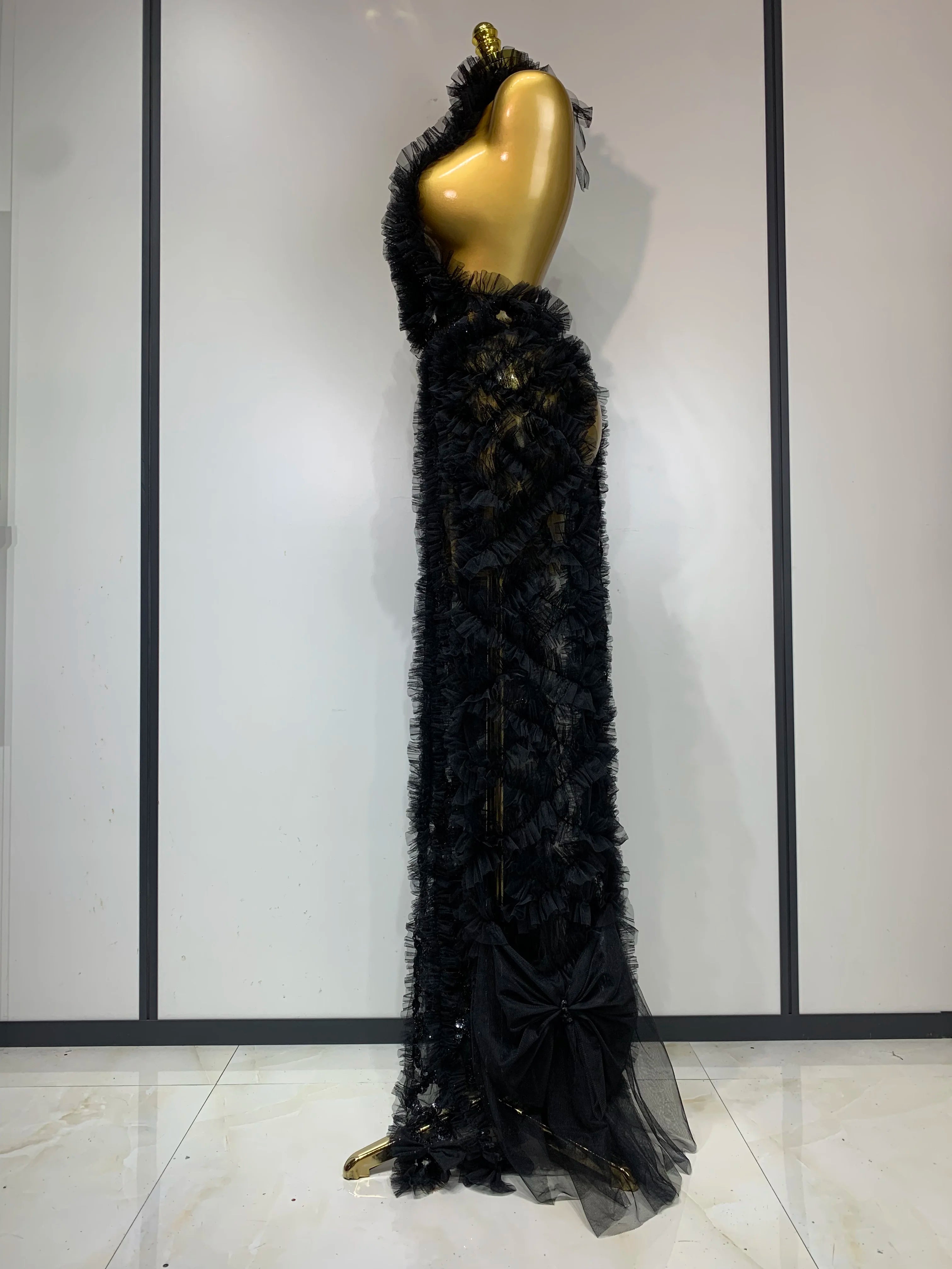 Black Mesh Sequins Sexy Halter See Through Dress 2025 Evening Party Prom Nightclub Singer Performance Costume Stage Wear