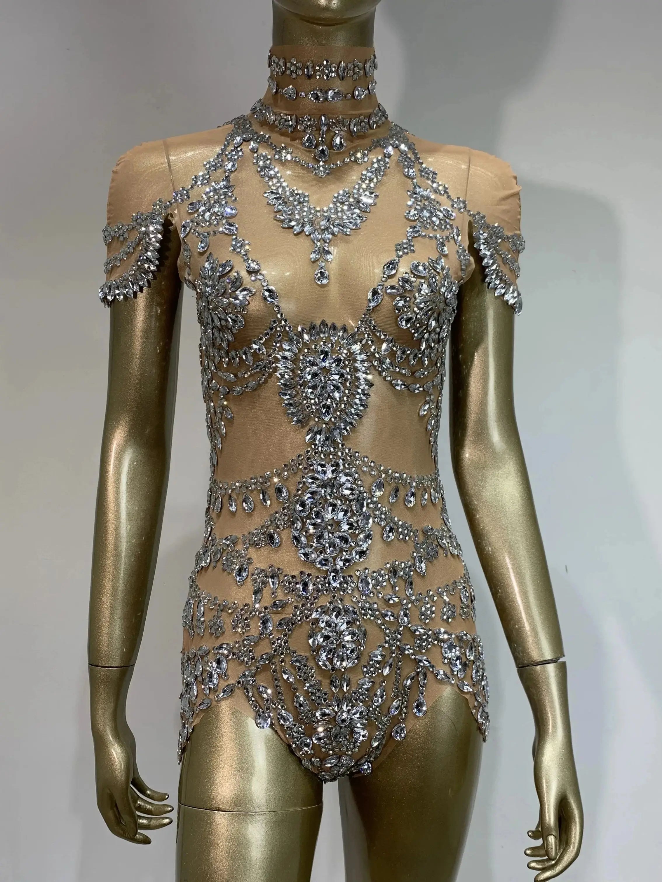 Stock Women Luxury Sexy Crystal Diamonds Beige Bodysuit Birthday Party Costume Bar Nightclub Stage Performance Outfit