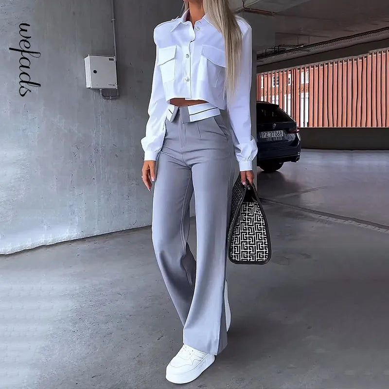Women Two Piece Set Autumn Office Simple Solid Lapel Long Lantern Sleeve Single Breasted Button Shirt Top Loose Pants Set Picture color