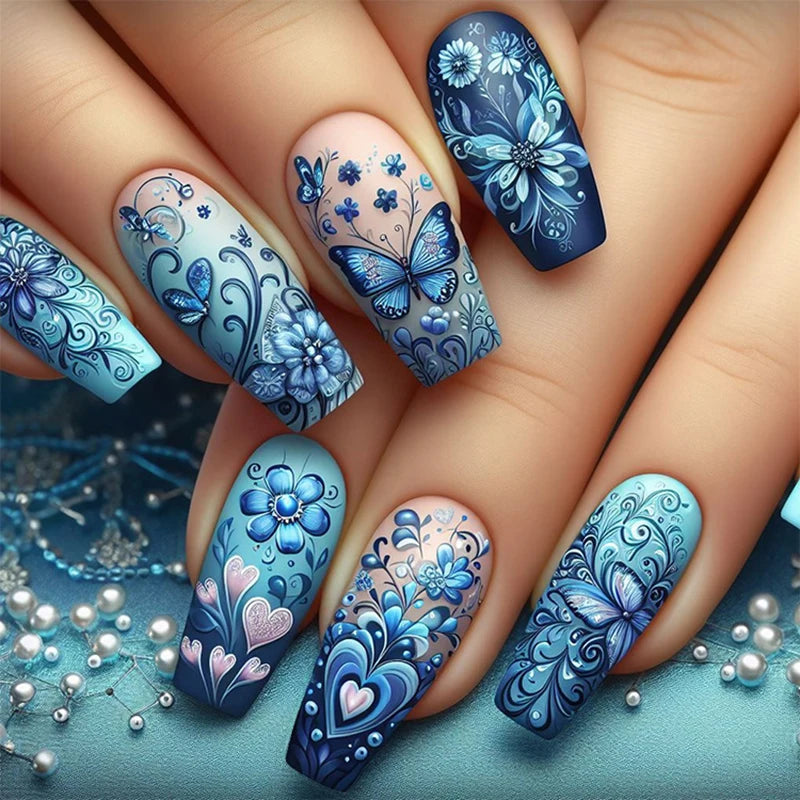24pcs/set Medium Long fake nails for Spring summer beautiful flowers mushroom bees cute almond square tips press on false nails 1975