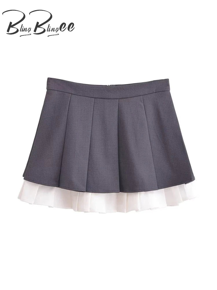 BlingBlingee Summer Women Sleeveless Shirt Mini Skirt Suits Traf Pleated Patchwork Slim Female Crop Top Tanks Sets Y2K Grey