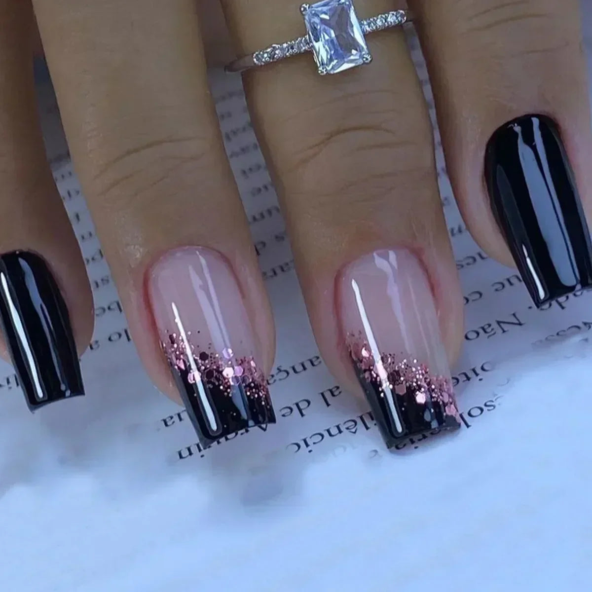 24Pcs Solid Black Short False Nails with Rose Pattern Design Ballerina Square Artificial Full Cover Press on Nail Tips for Girls 15