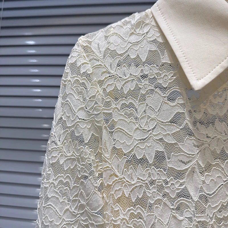 Spring New Fashionable Elegant V-neck Turn-down Collar Lace Hollow Long Sleeve Base Shirt For Women 11A07847