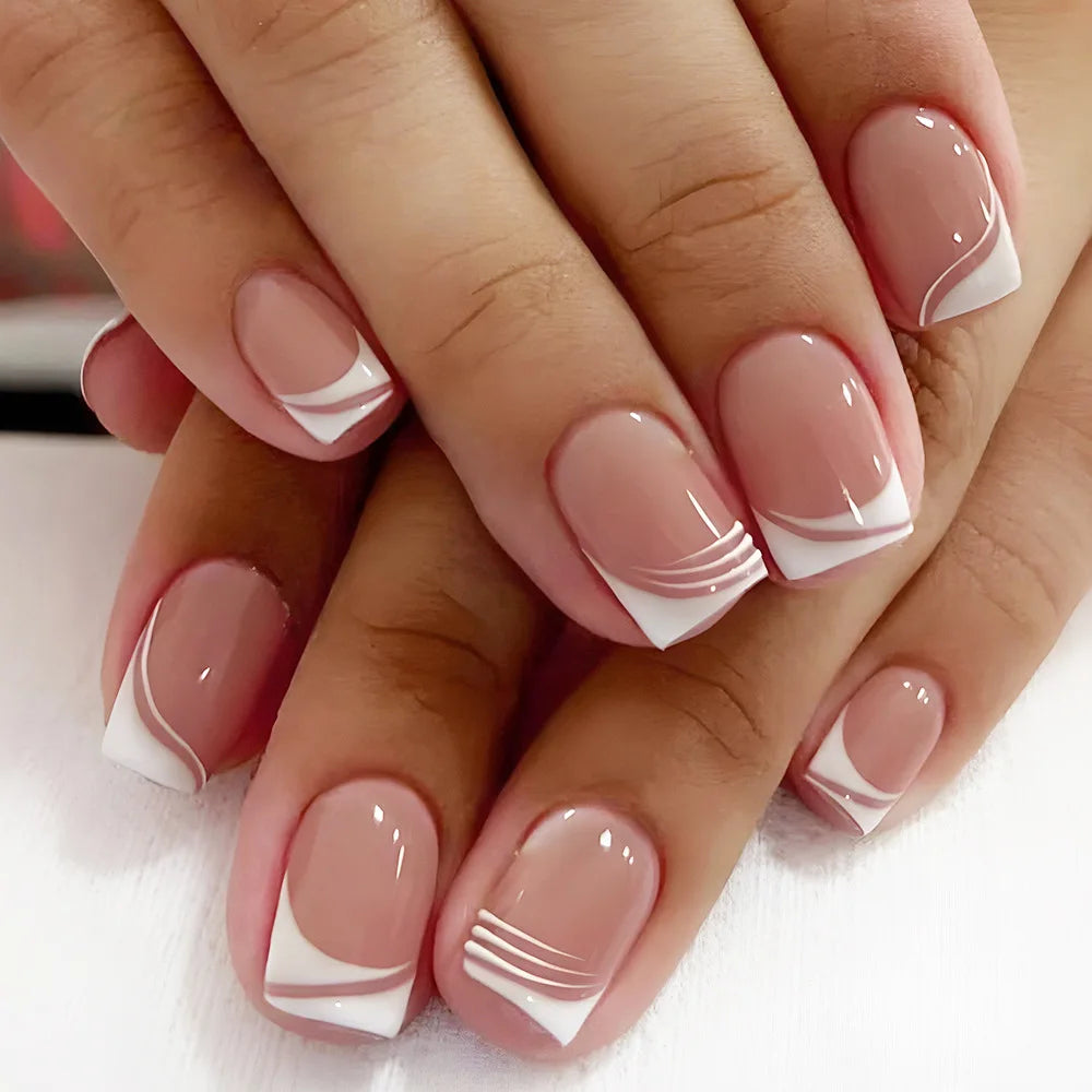 24pcs/set short square fake nails for women cute bride heart white french tips faux ongles y2k press on false nail supplies 946