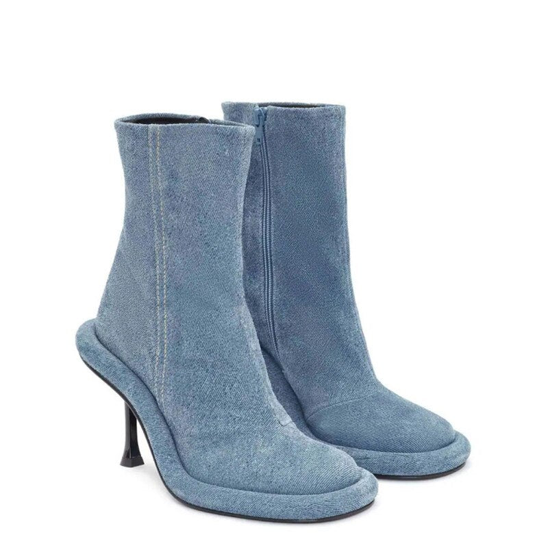 Spring and Autumn Women's New Slender High Heel Denim Short Boots Round Head Side Zipper Fashion Brand Women's Boots