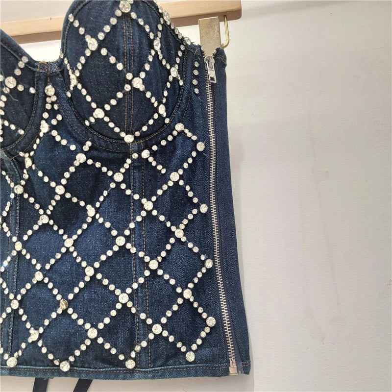 DEAT 2026 Spring Fashion New Back Bandage Beaded Denim Vest For Women Lace-up Slim Fit Zipper Tank Top Female Trendy 11A07881