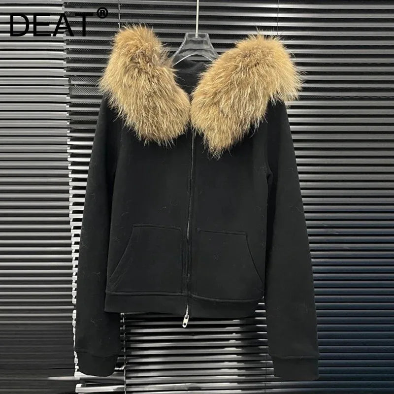 Autumn Winter New Large Fur Collar Brushed Sweatshirt for Women Fashion Detachable Design Hooded Jacket 11A07536