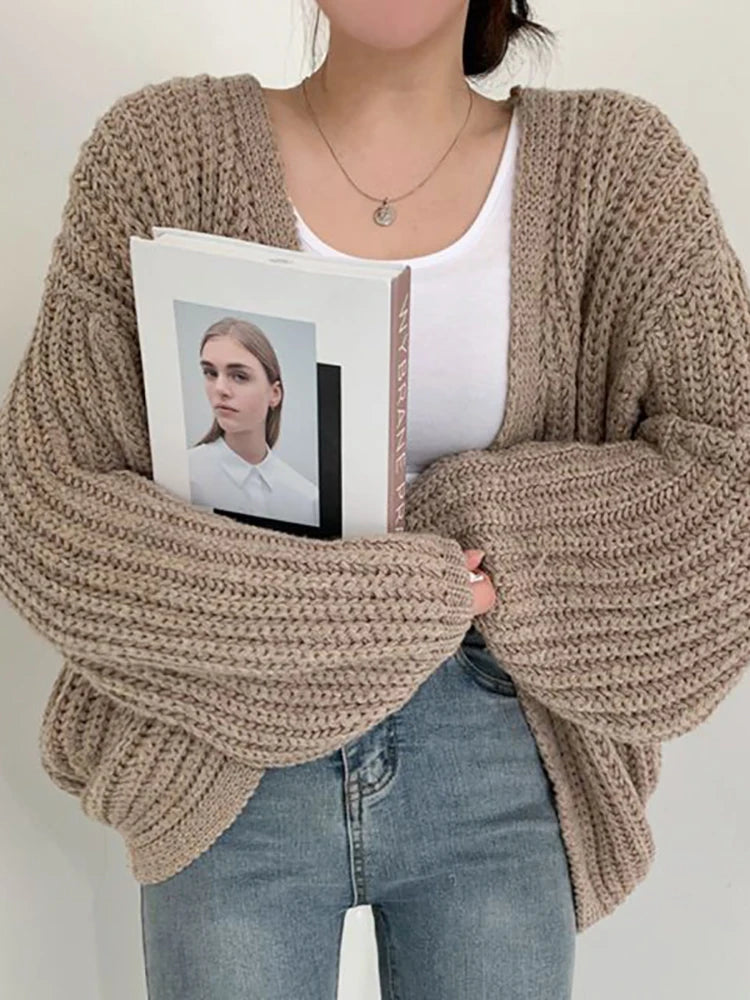 Women Cardigan Sweater Coat Casual Loose Knitted Solid Coat Autumn Winter For Women Lantern Sleeve Sweet Overcoat KHAKI One Size
