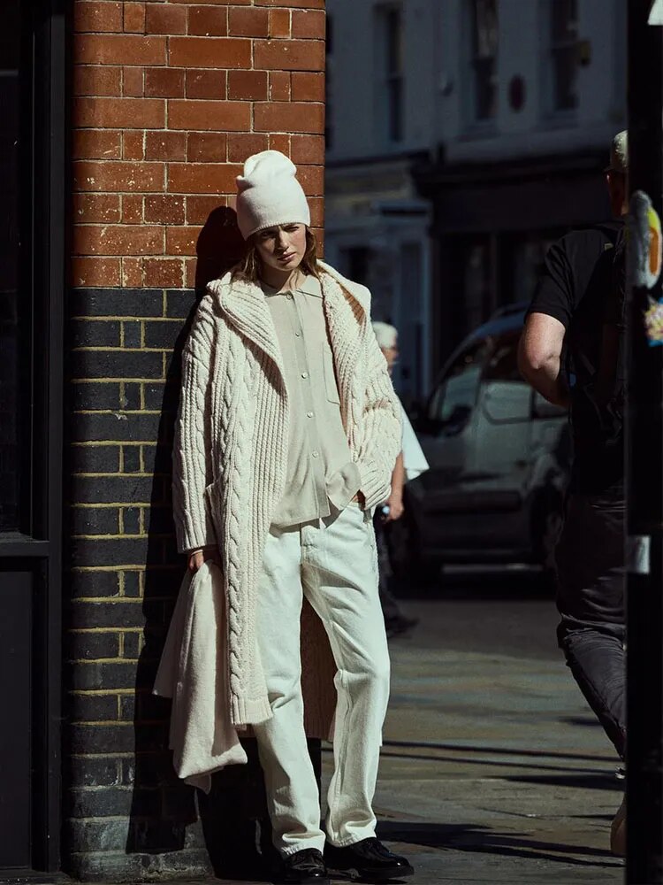 ZA-2024 new autumn and winter women's hooded eight-strand knitted jacket fashionable long cardigan jacket