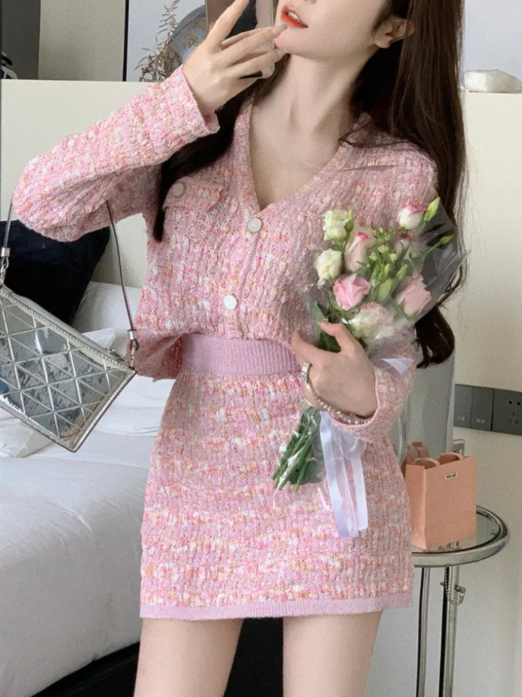 Two Piece Dress Set Sweet Cardigan Sweater + Slim Skirt Pink Elegant Y2k Mini Dress 2022 Autumn Office Lady Casual Knitted Suits