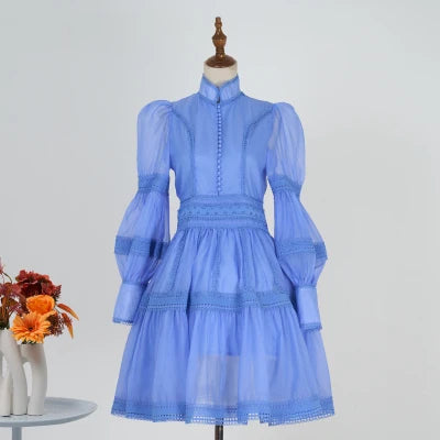 Runway Designer Embroidery Lace Patchwork Party Night Dress High Lantern Sleeve Stand A Line Vintage Elegant Dress blue