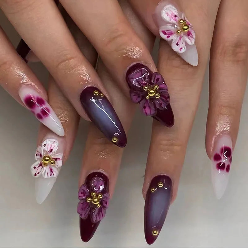 24pcs 3D Purple Flowers False Nails Cat Paw Printed Decor Press on Nails Wearable Detachable Fake Nail Patches Free Shipping 1