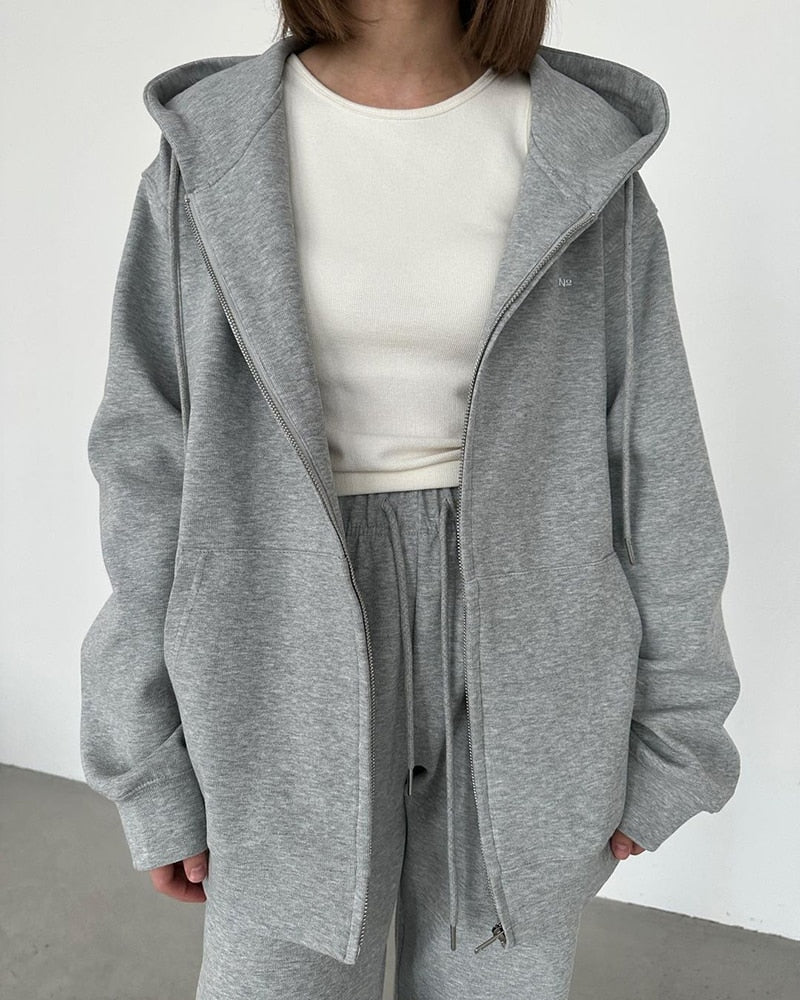 WOTWOY Causal Fleece Hooded Sweatshirts and Pants 2 Piece Sets Womens Outfits Autumn Winter Sweatpants Female Grey Pullovers 23113-gray-top