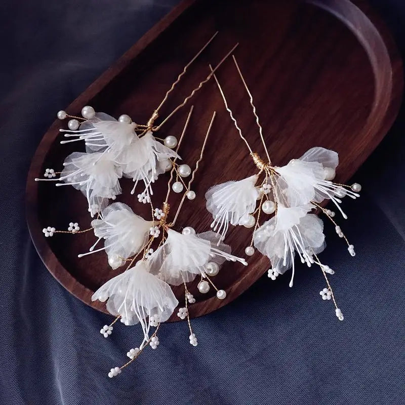 Fabric Floral Bridal Hair Pins Clips Gold Color Pearls Wedding Hair Pieces Women Accessories Handmade