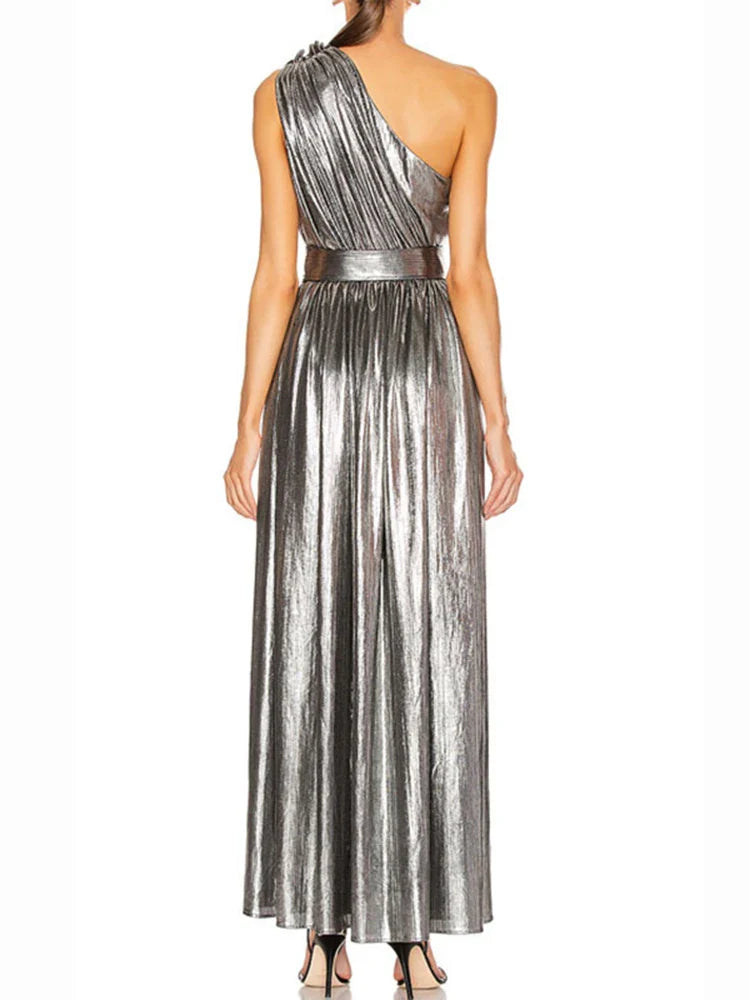 DEAT Fashion Women's Dress New Solid Diagonal Collar Sleeveless One Shoulder High Waist Split Dresses Female Summer 17A2407