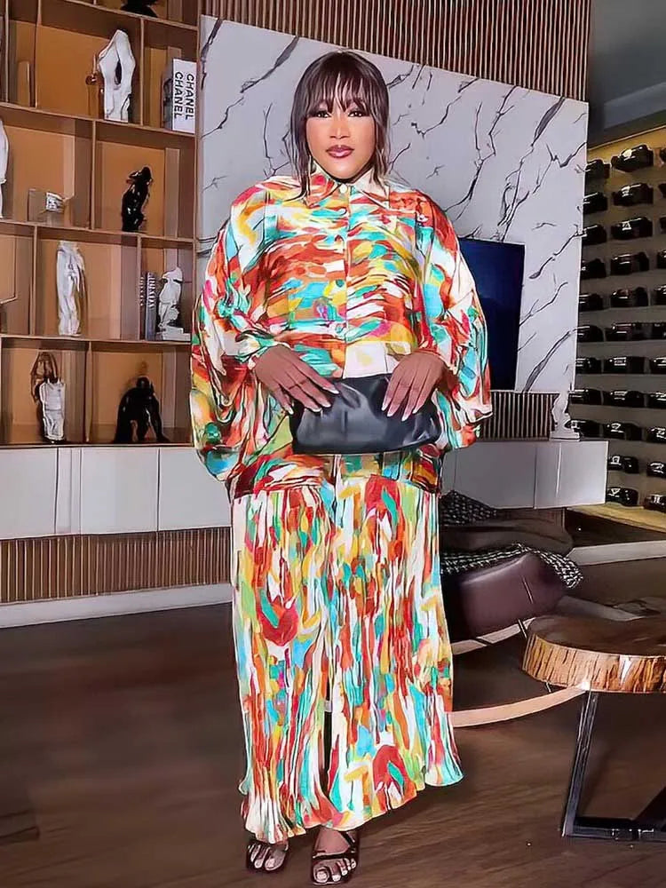 African 2 Piece Sets Women Outfit Loose Casual Long Top Shirt and Pant Set Autumn Plus Size Matching Sets Pleated Trouser Suit Orange One Size