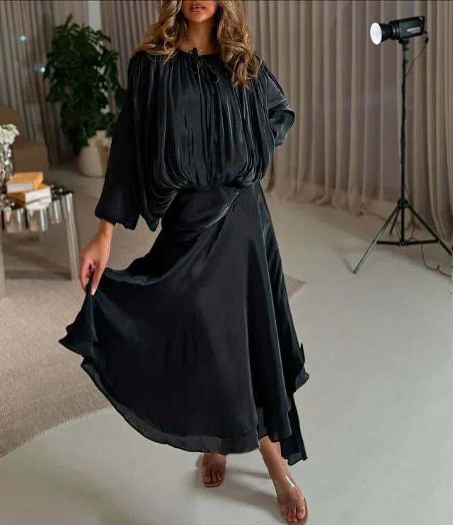 Solid Loose Spliced Folds Elegant Dresses for Women Round Neck Long Sleeves Patchwork Lace Up Dress Female Fashion BLACK