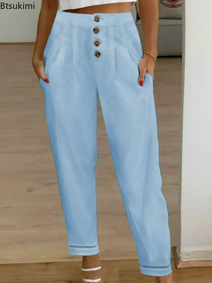 Women's Casual White Pants High Waist Button Slim Solid Pockets Pencil Pants Female Soft Breathable Women Trousers Joggers