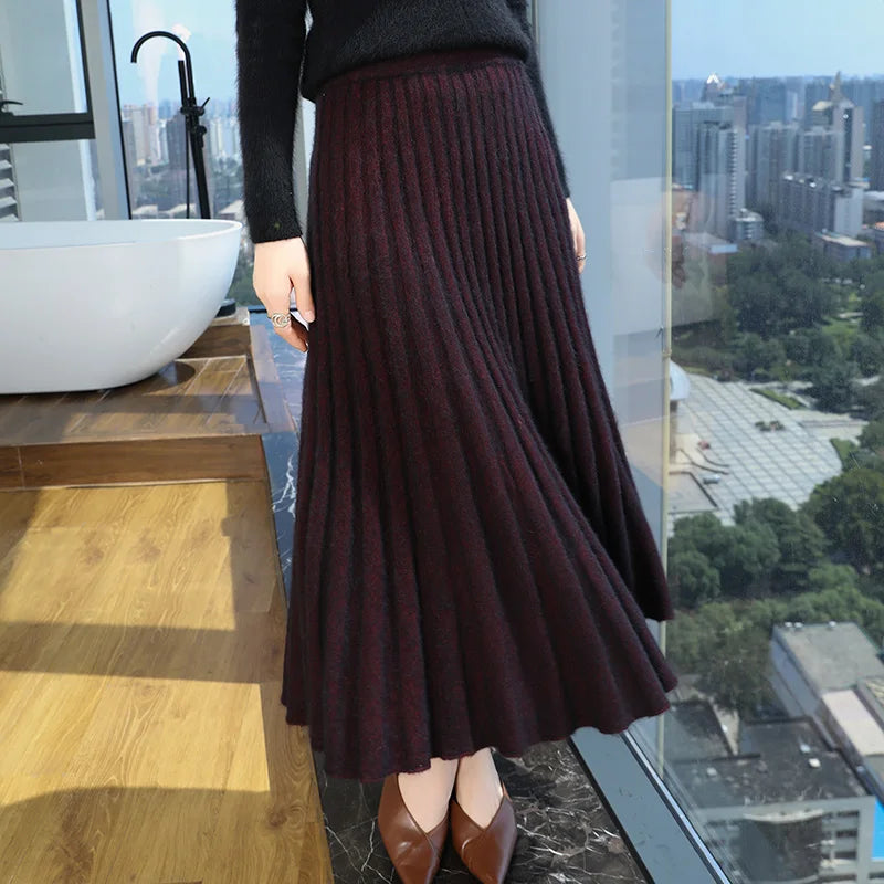 Autumn And Winter Fashion Mink Cashmere Mid Length High Waist Skirt For Women, Knitted Umbrella Skirt, Fashionable Pleated Skirt Black Red Flowers