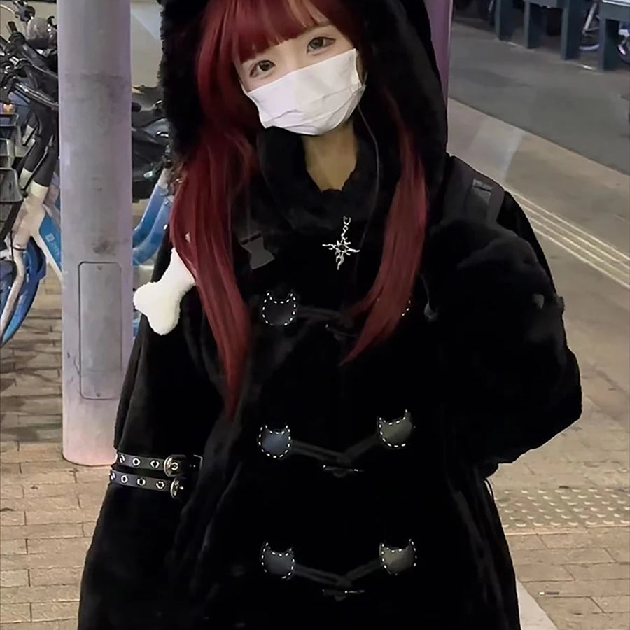 Lautaro Autumn Winter Oversized Soft Thick Warm White Faux Fur Hoodie Women with Bear Ears Horn Buttons Punk Style Fluffy Jacket