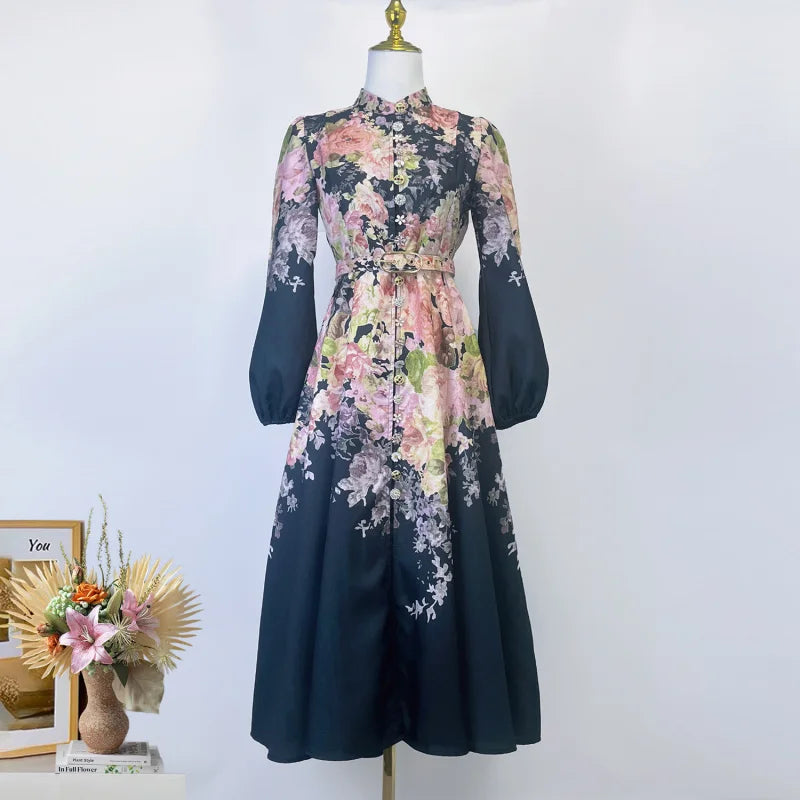 Real Shot Spot Australian Design Single-Breasted Sleeve Cotton Linen Spring And Summer New Midi Dress With Bel