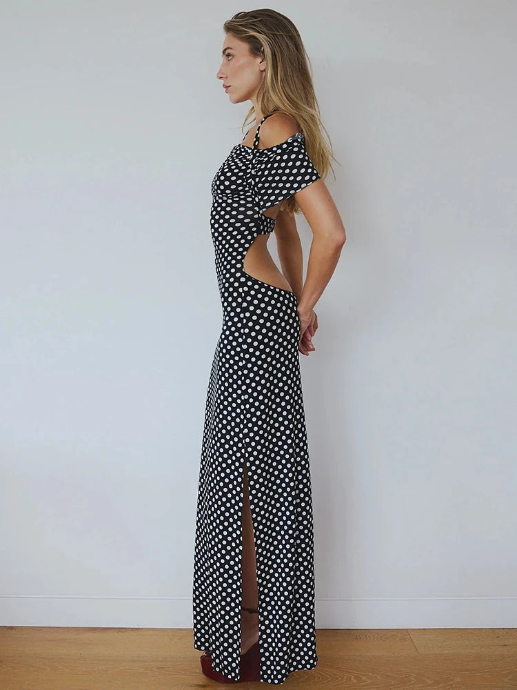 Mozision Off-shoulder Polka Dot Maxi Dress For Women Gown Fashion Halter Sleeveless Backless bodycon Split Long Dress Elegant