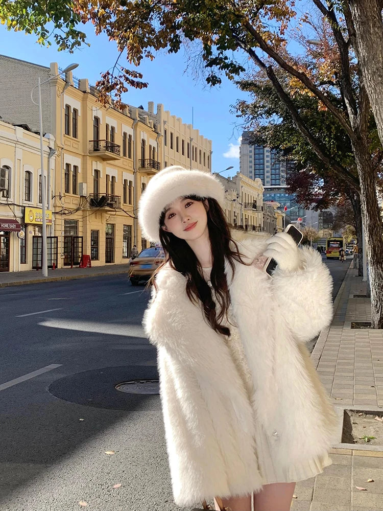 Lautaro Autumn Winter Oversized Loose Casual Luxury Soft Thick Warm Hairy Faux Fox Fur Coat Women Long Sleeve Fluffy Jacket 2024 Off-white
