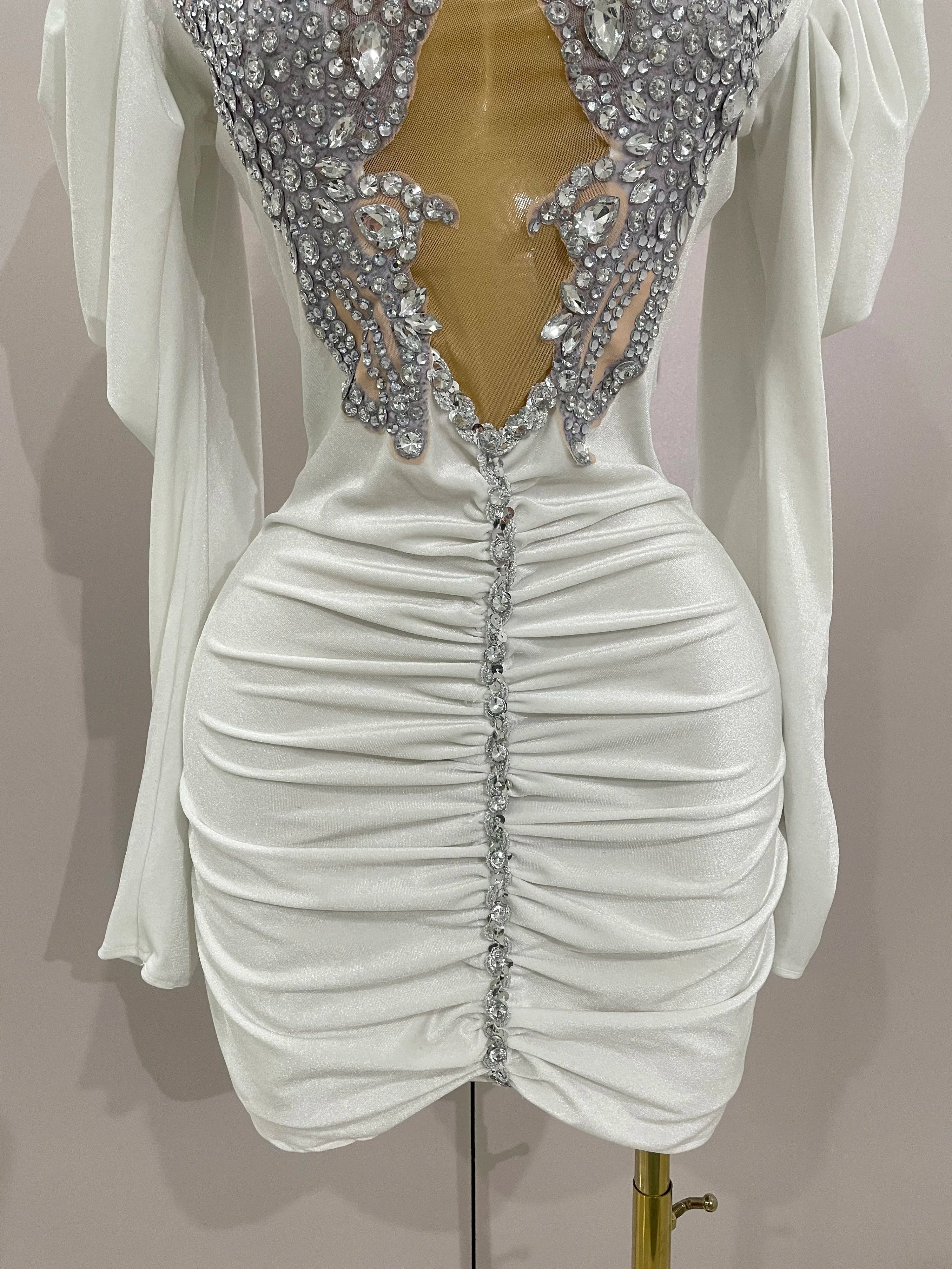 Luxury Sparkly Crystals Sexy Mesh White Velvet Short Dress 2025 Women Elegant Evening Prom Birthday Party Dresses Stage Costume